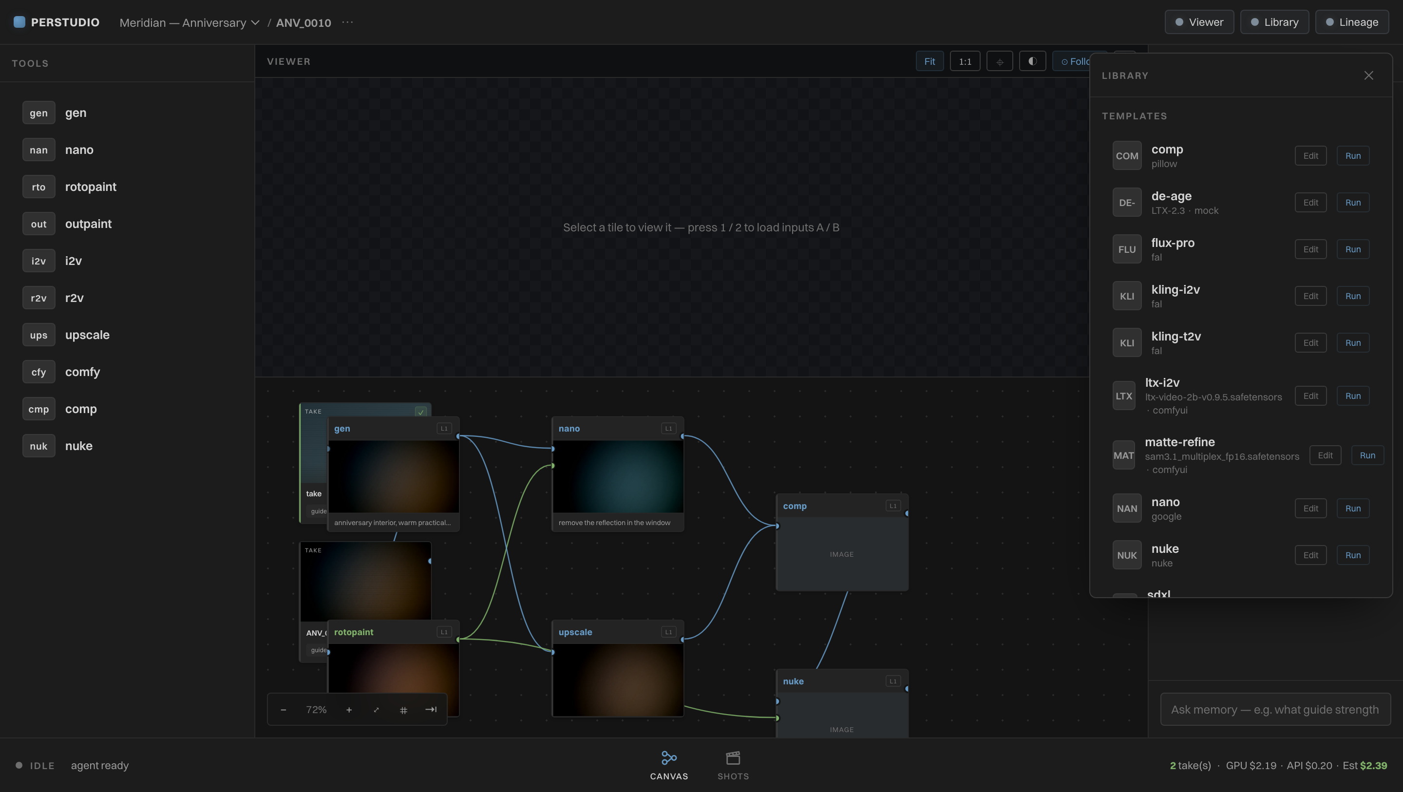 The Perstudio template library showing multi-provider templates: comp, de-age, flux-pro, kling, ltx, nano, nuke and sdxl