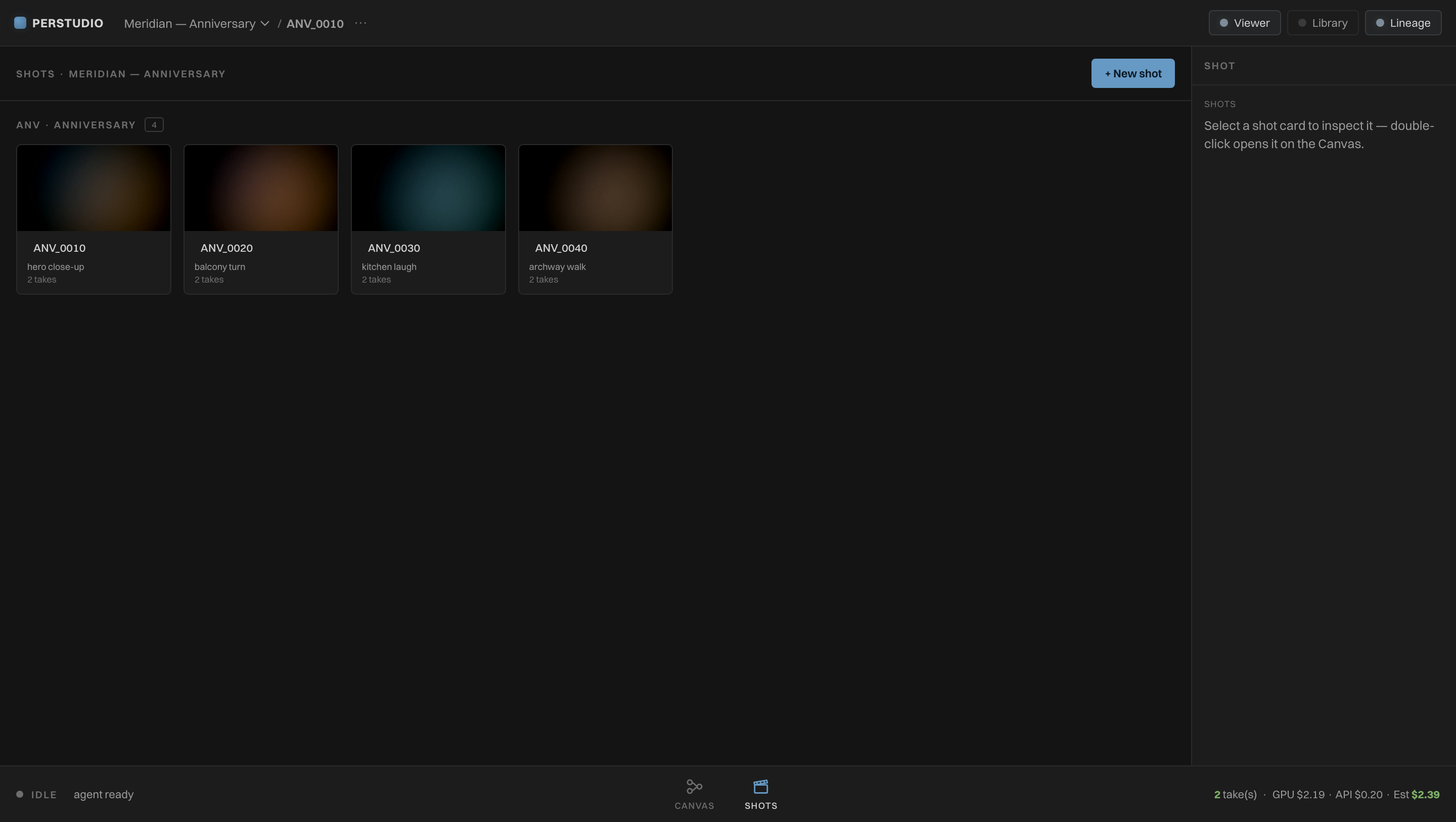 The Perstudio shots page showing a sequence of four shots ANV_0010 through ANV_0040 grouped by sequence